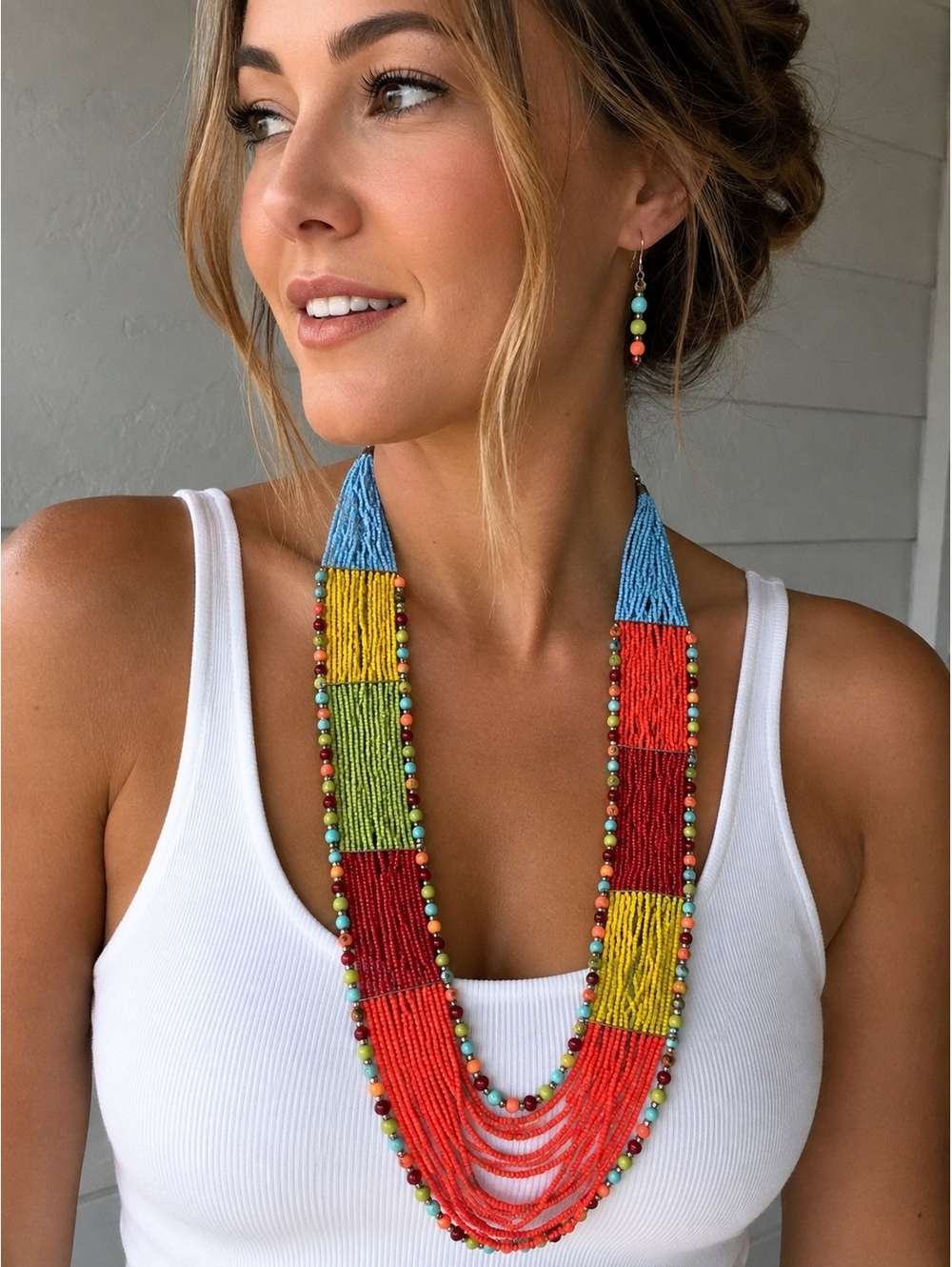 Vincero Multicolor Beaded Statement Necklace with Matching Earrings